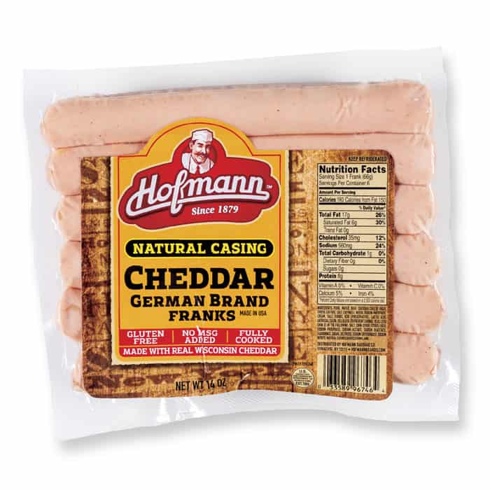 Hofmann Cheddar German Franks in packaging