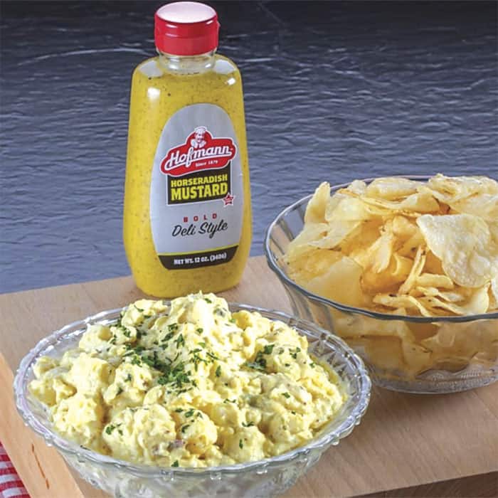 Hofmann Horseradish Mustard bottle with potato salad