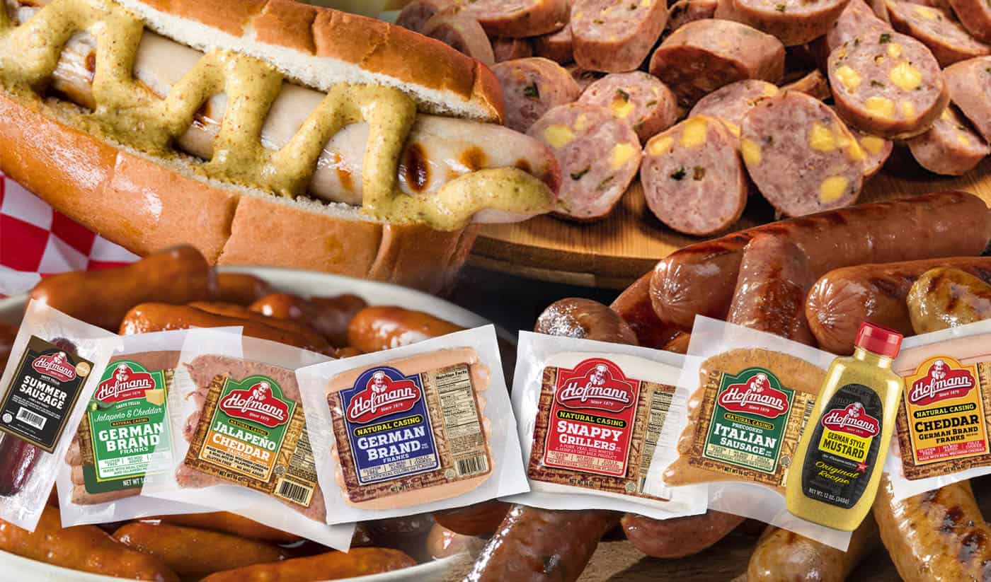 Montage of franks, sausages, mustard and packaging
